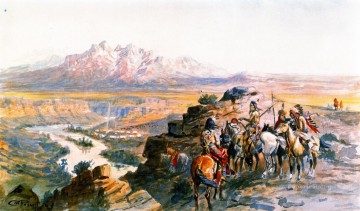 Amérindien œuvres - Planification de l’attaque du train de wagons 1900 Charles Marion Russell Indiens d’Amérique